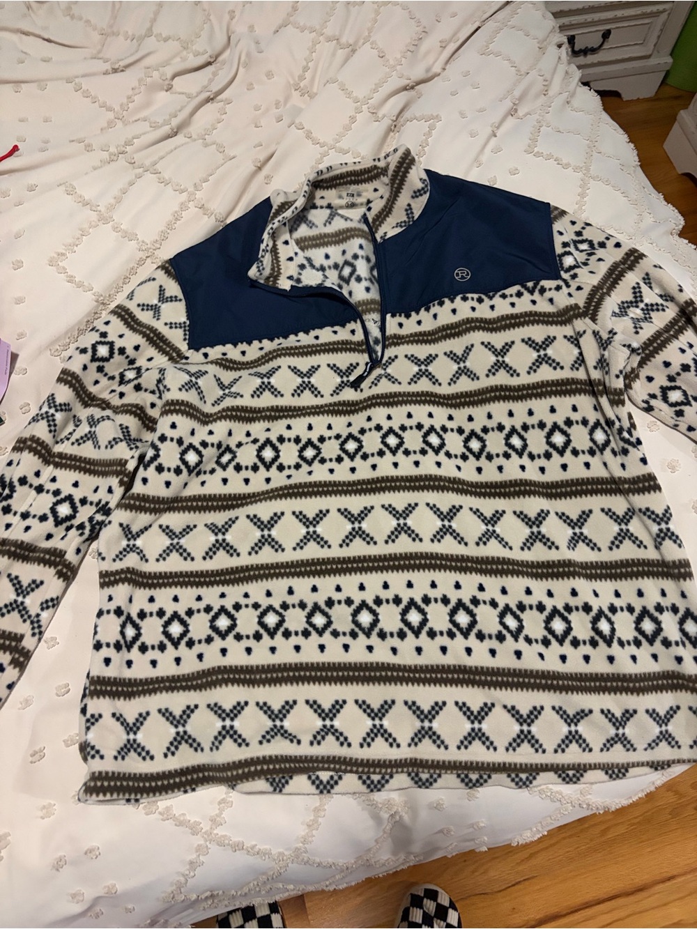 Roper Navy and Cream Patterned Quarter-Zip Fleece Pullover